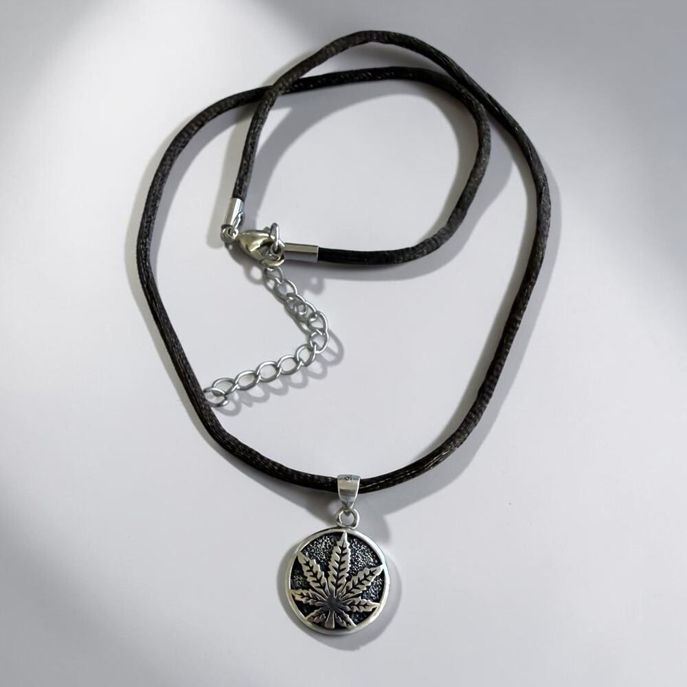 Sterling Silver Cannabis Leaf Pendant Silk Necklace